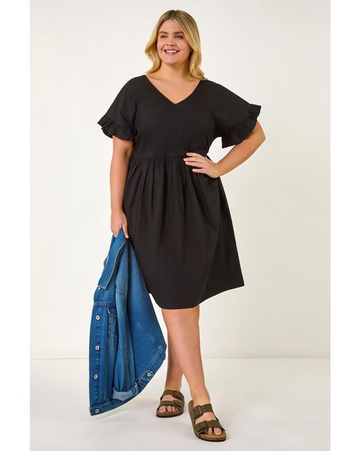 Roman Curve Black Cotton V-Neck Frill Dress
