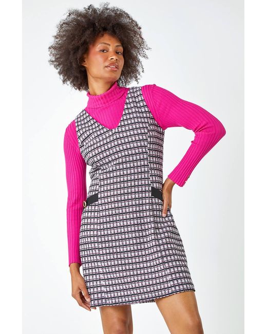 D.u.s.k Red Sleeveless Houndstooth Stretch Dress