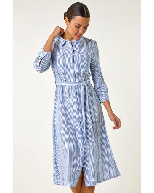 Roman Blue Textured Stripe Belted Shirt Dress
