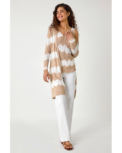 Roman White Chevron Stripe Shimmer Longline Cardigan