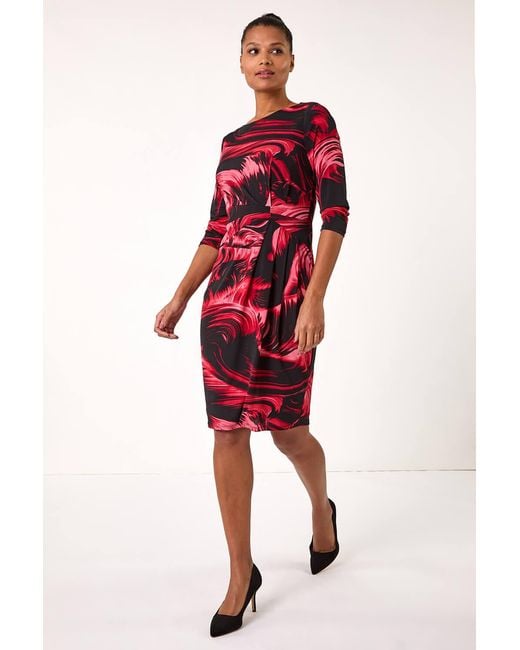 Roman Red Side Ruched Brush Print Dress