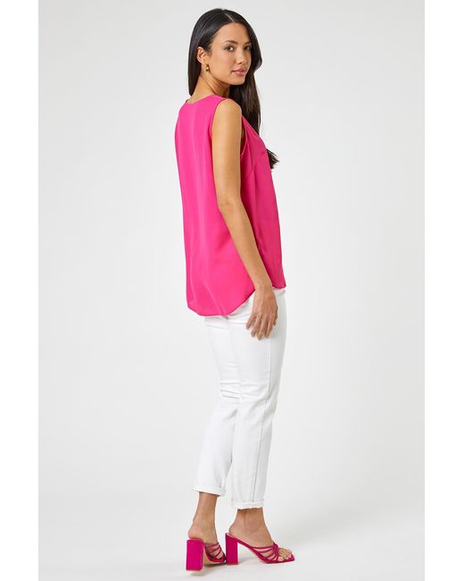 Roman Pink V-Neck Sleeveless Vest Pleat Top