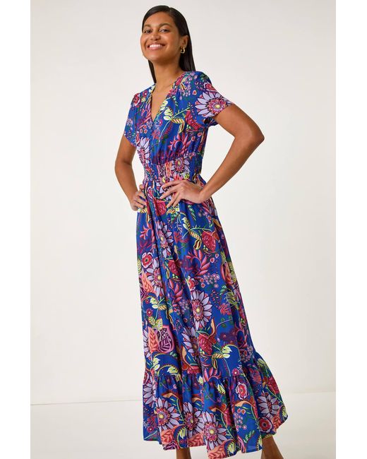 Roman Blue Rose Print Button Detail Maxi Dress