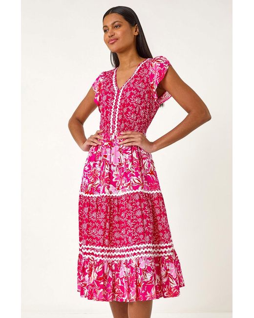 Roman Pink Floral Contrast Stitch Midi Dress