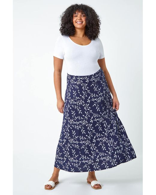 Roman Blue Curve Floral Stretch Maxi Skirt