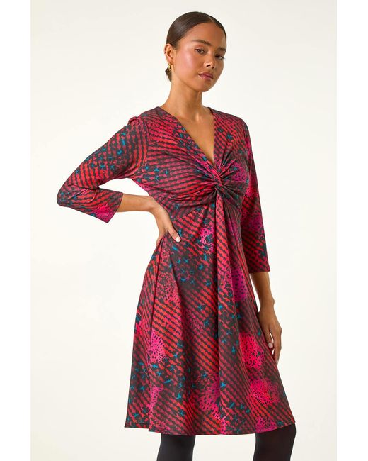 Roman Petite Red Abstract Twist Front Dress