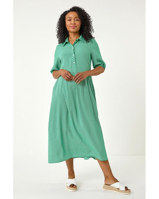 Roman Petite Green Geometric Button Collar Dress