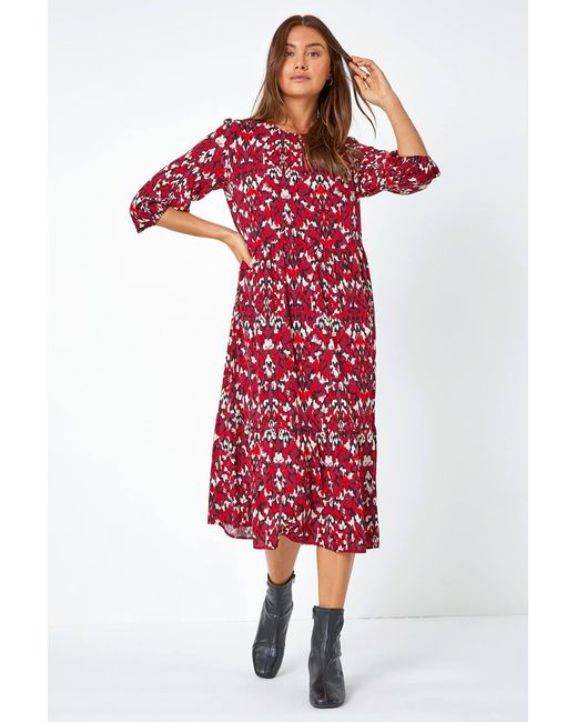 Roman Abstract Print Tiered Smock Midi Dress