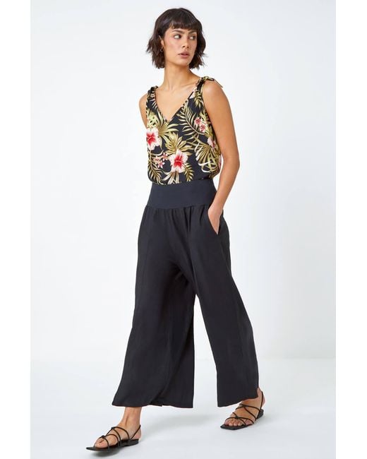 Roman Blue Linen Blend Stretch Waist Culottes