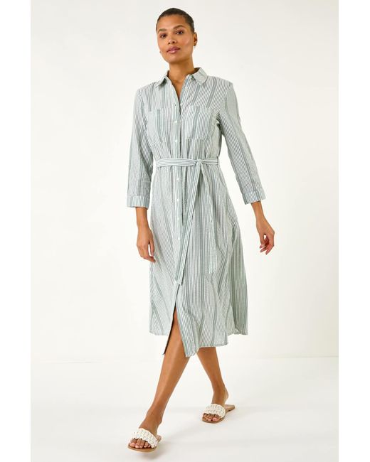 Roman Green Textured Stripe Belted Shirt Dress