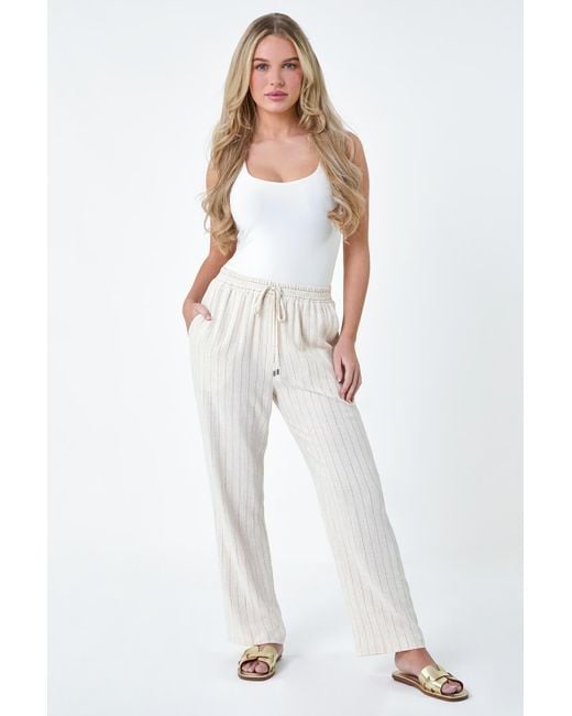 Roman White Petite Linen Blend Stripe Trousers