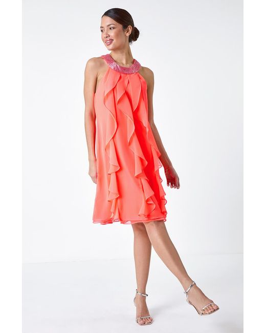 Roman Red Embellished Collar Frilled Chiffon Dress
