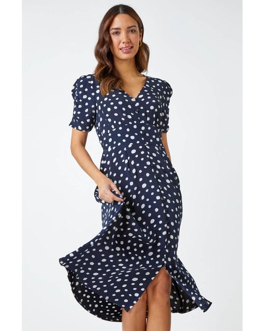 Roman Blue Polka Dot Ruched Sleeve Midi Dress