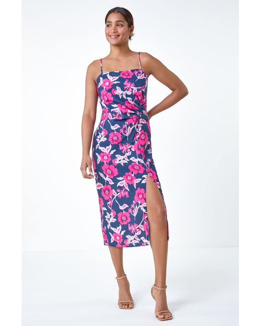 Roman Purple Floral Linen Look Ruched Midi Dress