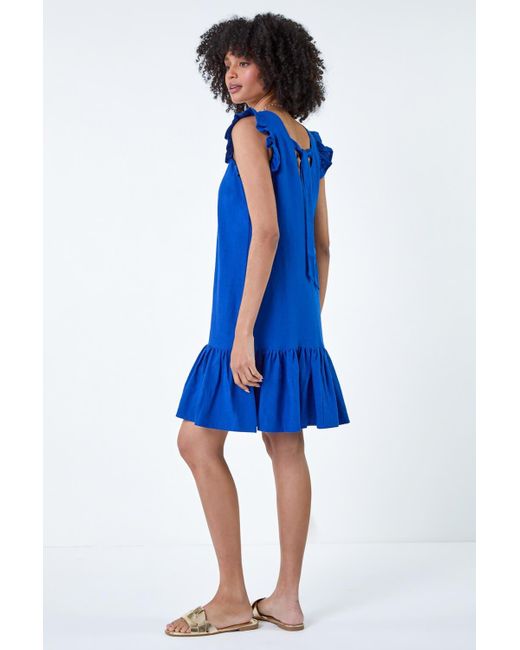 Roman Blue Linen Blend Frill Detail Dress