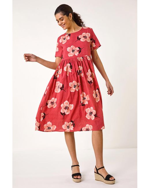 Roman Red Floral Smock Midi Dress