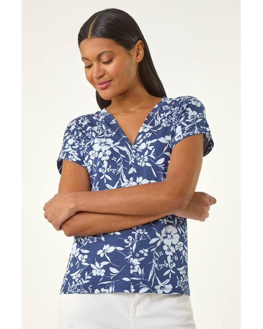 Roman Blue Floral Notch Neck T-Shirt