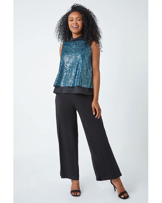 Roman Petite Blue Sequin Roll Neck Top