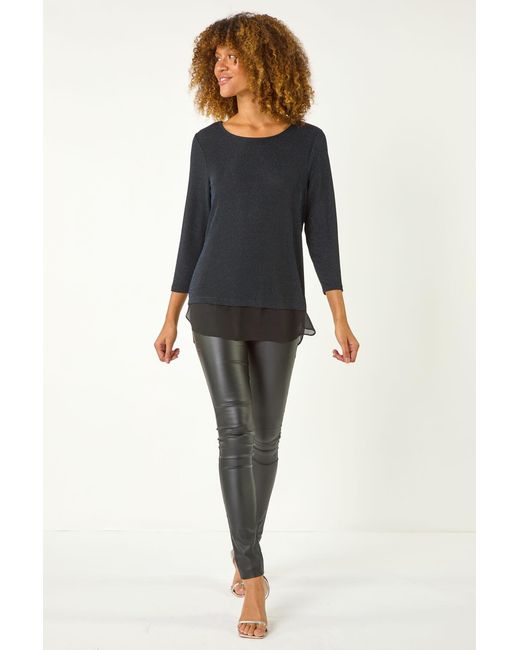 Roman Black Shimmer Chiffon Hem Top