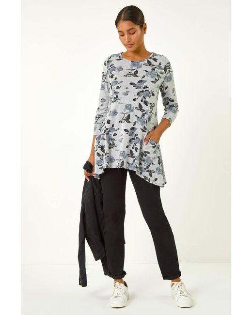 Roman Gray Floral Print Pocket Detail Tunic Stretch Top