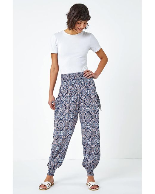 Roman White Paisley Shirred Elastic Waist Hareem Trousers
