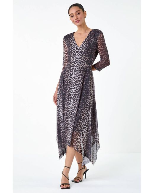 D.u.s.k Purple Animal Stretch Mesh Hanky Hem Wrap Dress