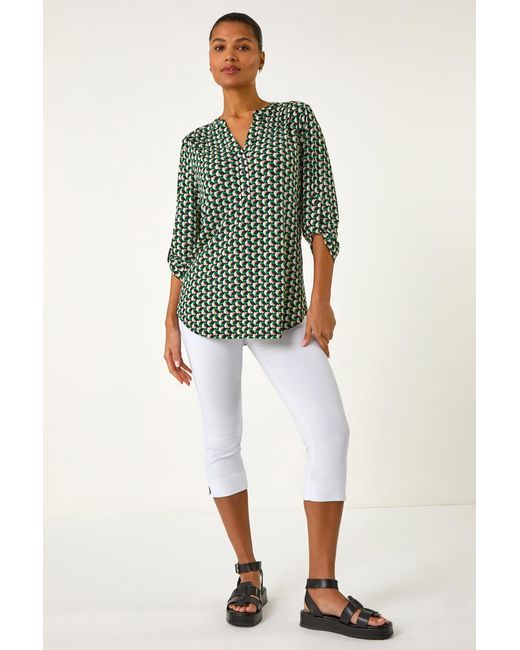 Roman Green Abstract Print V-Neck Button Stretch Shirt