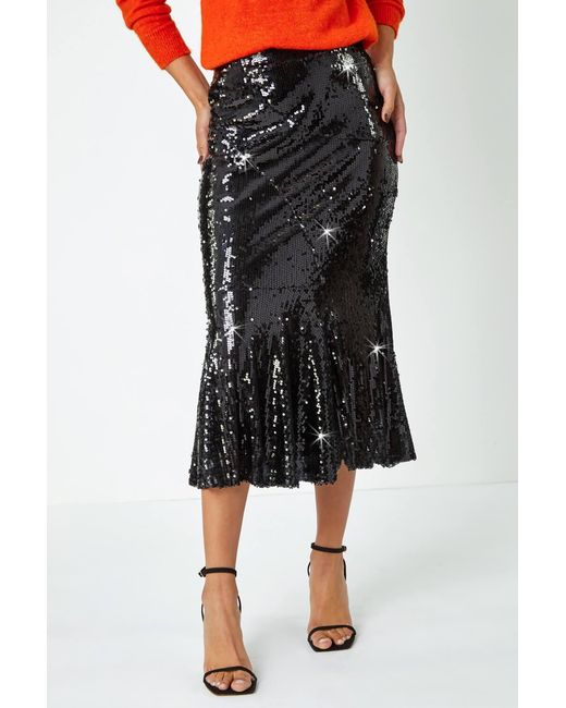 Roman Black Sequin Embellished Fluted Midi Skirt