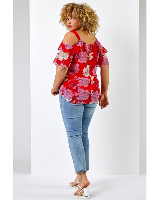 Roman Curve Red Floral Cold Shoulder Chiffon Frill Detail Top