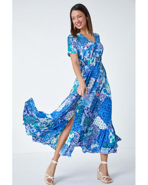 Roman Blue Patchwork Paisley Frilled Hem Maxi Dress