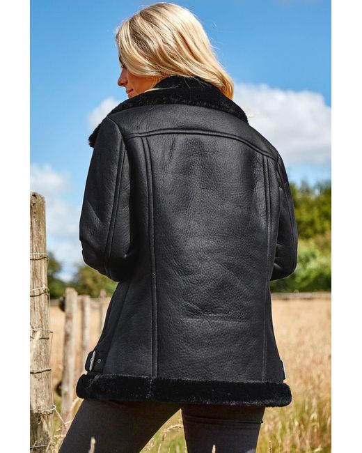 Roman Black Faux Fur Lined Zip Detail Belted Biker Aviator Jacket