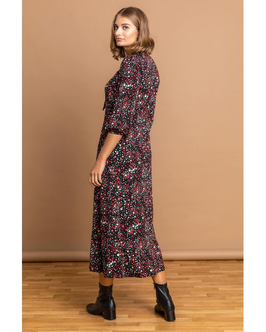 Roman Black Ditsy Floral Tie Front Midi Dress