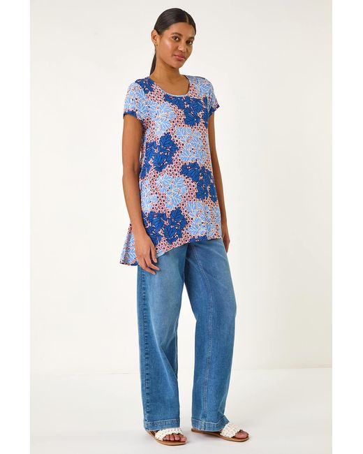 Roman Blue Leaf Print Hanky Hem Tunic Top