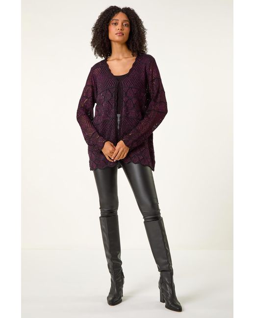 Roman Purple Shimmer Crew Neck Knit Cardigan