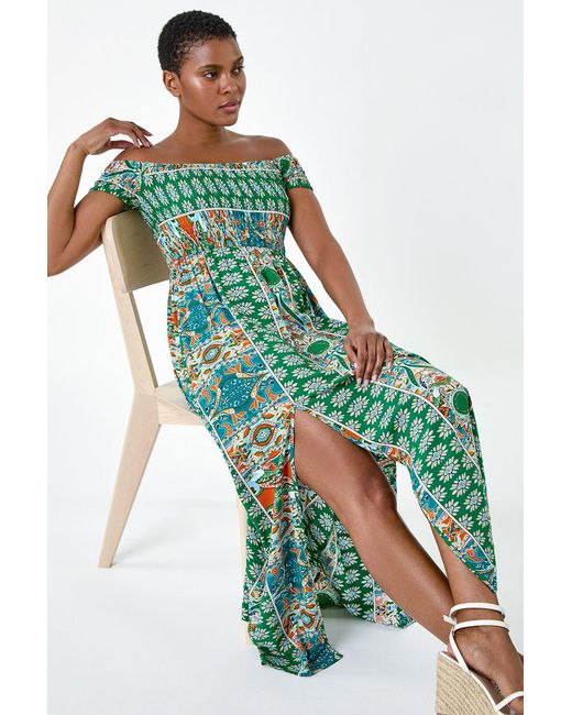 Roman Blue Patchwork Shirred Bardot Maxi Dress