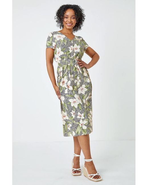 Roman Petite Green Floral Zebra Print Midi Dress