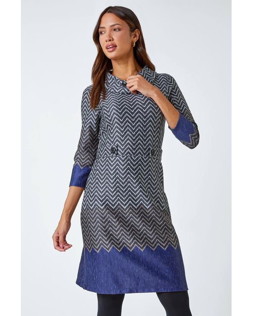 Roman Blue Zig Zag Cowl Neck Stretch Dress