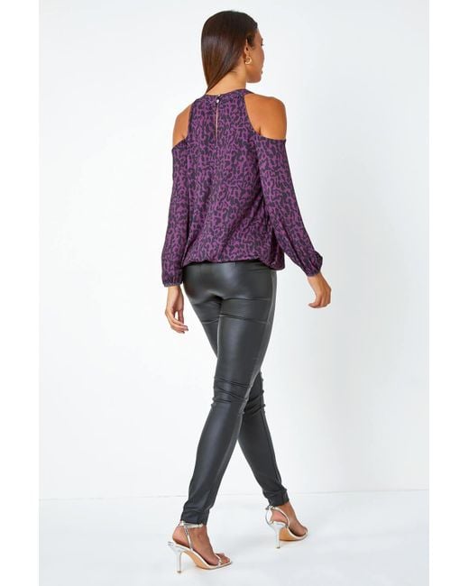 Roman Purple Animal Print Cold Shoulder Stretch Top