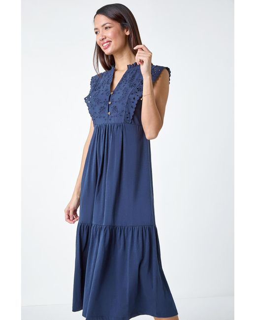 Roman Blue Broderie Frilled Cotton Midi Dress