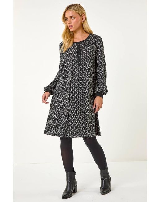 Roman Petite Black Geometric Button A-Line Dress