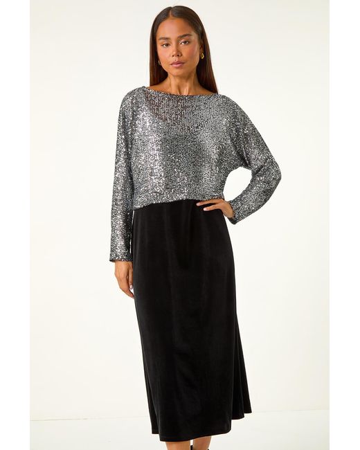 Roman Petite Black Contrast Sequin Velvet Dress