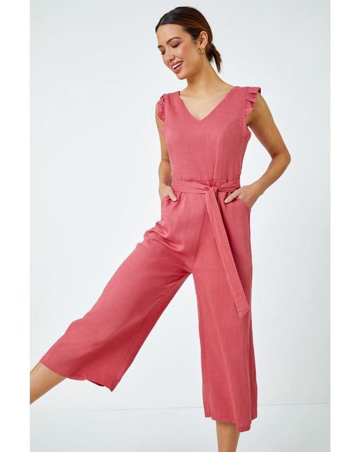 Roman Red Linen Blend Cropped Frill Jumpsuit