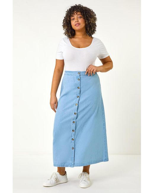 Roman Curve Blue Button Through Denim Skirt