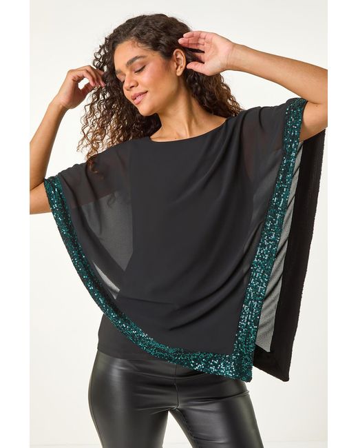 Roman Black Sequin Hem Overlay Stretch Top