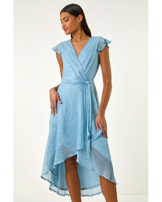 Roman Blue Shimmer Plisse Wrap Dress
