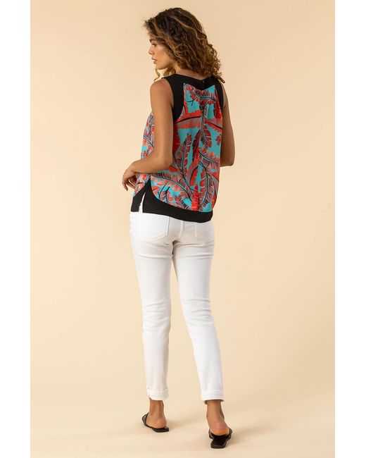 Roman Orange Contrast Trim Leaf Print Top