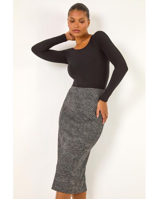 Roman Black Abstract Print Elastic Waist Pencil Skirt
