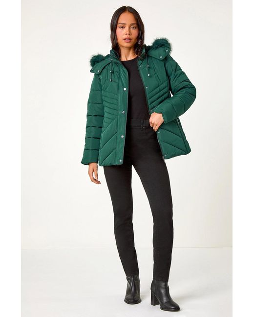 Roman Petite Green Faux Fur Hood Puffer Coat