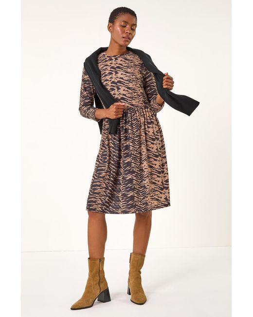 Roman Natural Animal Print Ribbed Gathered Waist Stretch Dress