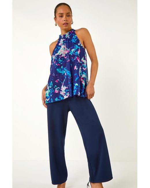 Roman Petite Blue Abstract Halter Neck Overlay Jumpsuit